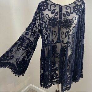 Lane Bryant Navy Blue Sheer Embroidered Lace Tunic Top 14/16 Boho Romantic